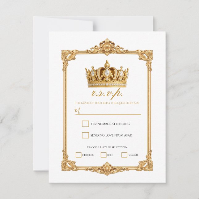 Convite Coroada em Ouro Coroa Real RSVP de Casamento Elega (Frente)