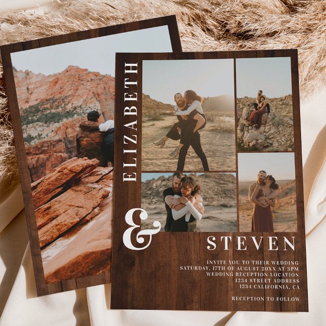 Convite Corpo ousado de madeira russa e casamento fotográf (Rustic wood bold ampersand 5 photo grid wedding invitation)