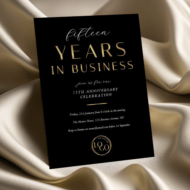 Convite Corporate Black & Gold Logo Business Anniversary (Criador carregado)