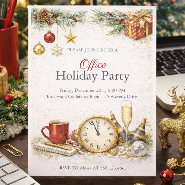 Convite Corporate Holiday Celebration Invitation (Celebrate the season with a warm ivory and gold corporate holiday gathering)