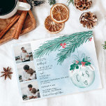 Convite Correspondência de 4 fotos com as iniciais de nata<br><div class="desc">Boas iniciais casuais modernas e minimalistas, casamento perfeito. Adicione suas 4 fotos e iniciais de seu casal com um tema da Terra-Maravilha do inverno, Enfeites de natal azul de gelo com aquarela e iniciais com ramos de pinheiro verde e bagas negras vermelhas em um fundo de água com neve azul...</div>