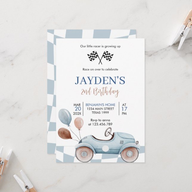 Convite Corrida Azul de segundo de Carro Dois Aniversário  (Frente/Verso In Situ)