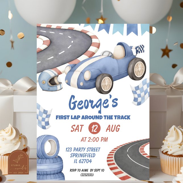 Convite Corrida Azul Retro Aniversário Primeira Volta (Criador carregado)
