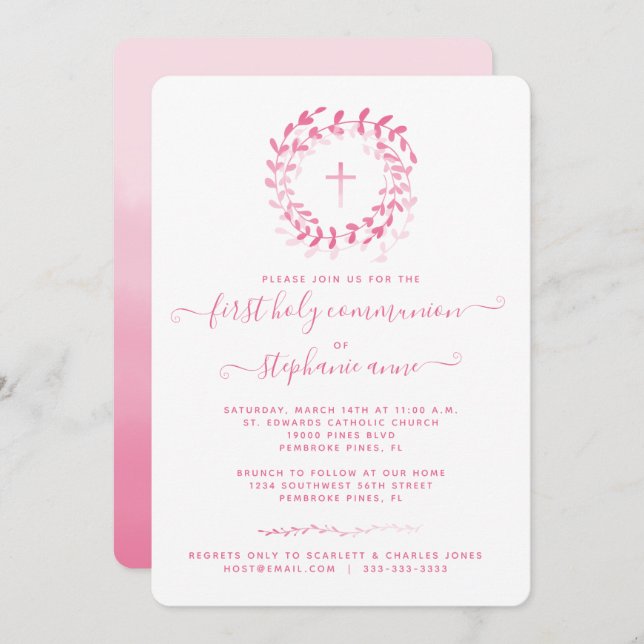 Convite Corrida rosa e cruz comunhão (Frente/Verso)