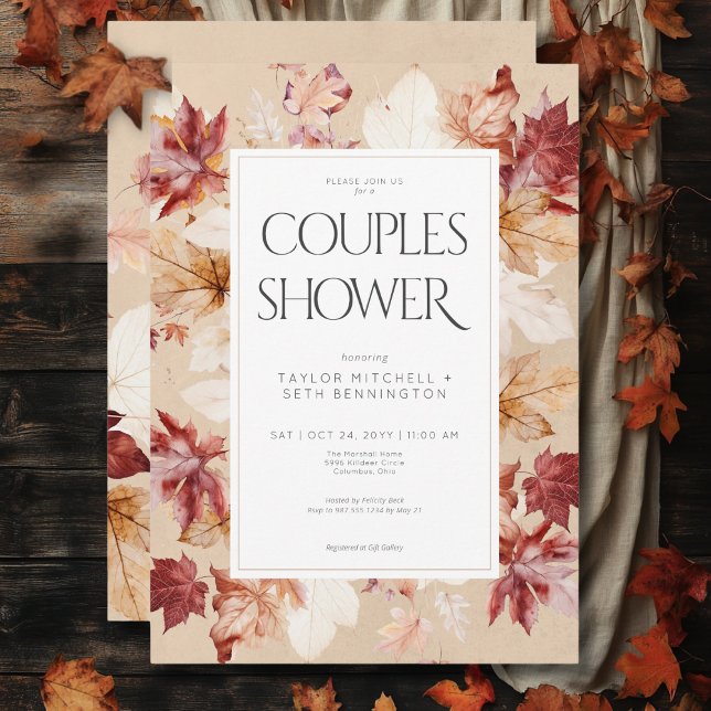 Convite Corrida russa do Chá de Casais de queda (Rustic Wreath of Fall Leaves Tan Couples Shower Invitation)