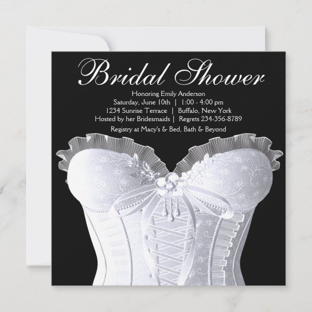 Convite Corset Branco Chuveiro de Noiva Preto e Branco (Frente)