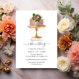 Convite Corte de Bolo Floral em Ouro Rosa e Ouro na Moda