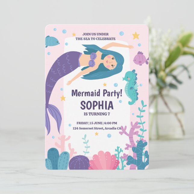 Convite Corte De Sereia Roxo Sob O Aniversário Do Mar (Em pé/Frente)
