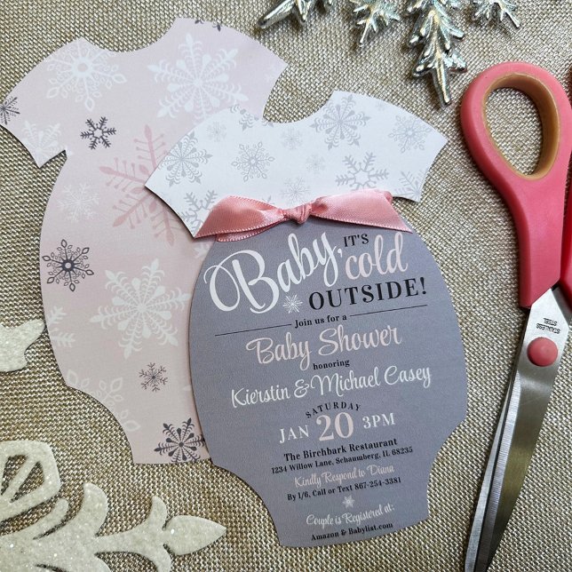 Convite Corte seu próprio Chá de biquíni rosa com floco de (DIY Cut Your Own + Add your ribbon Baby Bodysuit Shape Invitation, Baby It's Cold Outside, Pink Girl)