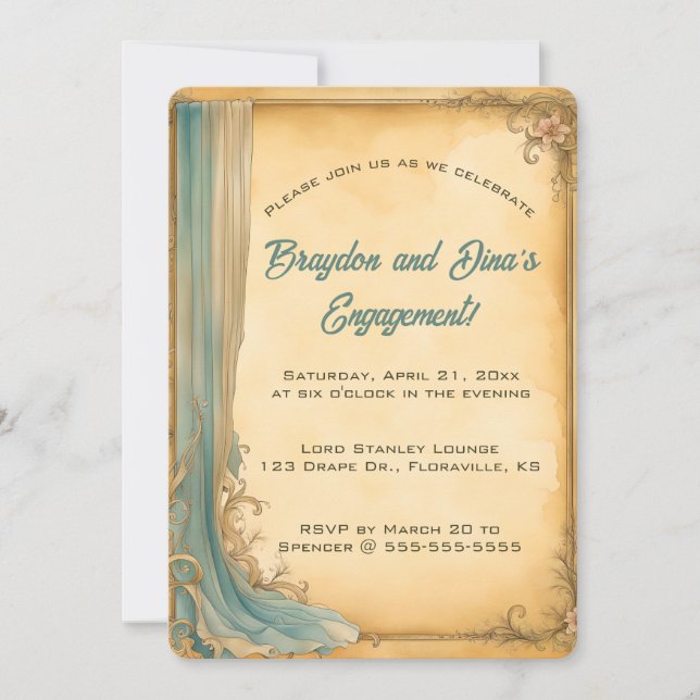 Convite Cortina Azul e Flores Editáveis (Frente)