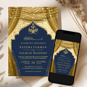 Convite Cortina de Lustre Dourado Azul Marinho Casamento M