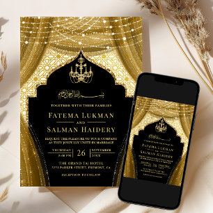 Convite Cortina de Lustre Dourado Casamento Muçulmano Pret