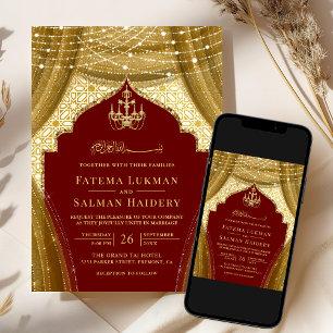 Convite Cortina de Lustre Dourado Casamento Muçulmano Verm