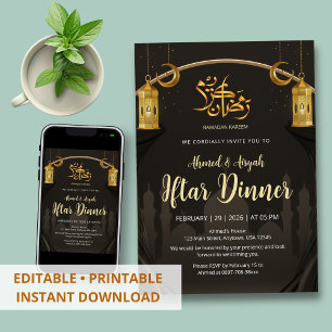 Convite Cortina de Seda Preta e Dourada de Luxo para Iftar