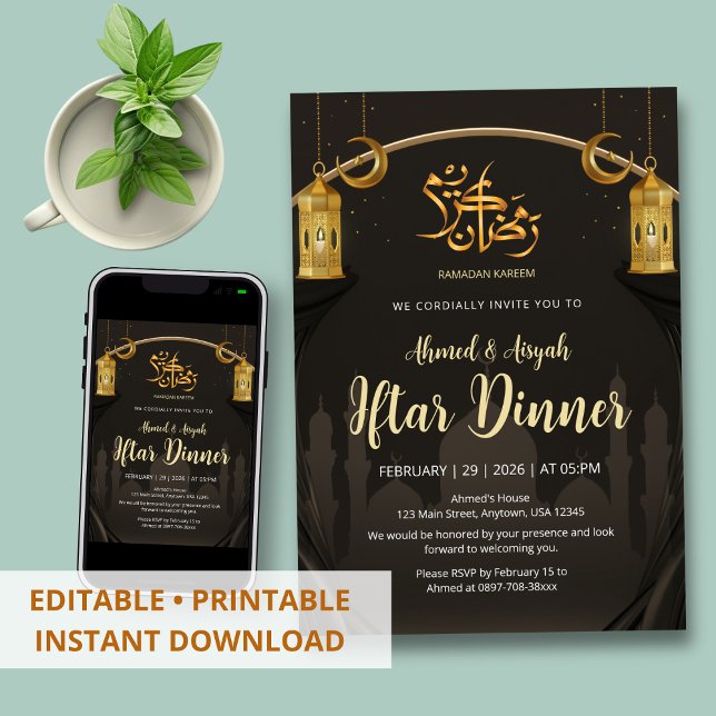 Convite Cortina de Seda Preta e Dourada de Luxo para Iftar (Criador carregado)
