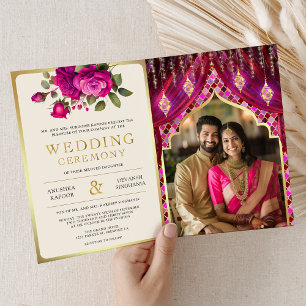 Convite Cortina Floral Dourada Magenta Casamento Hindu Ind