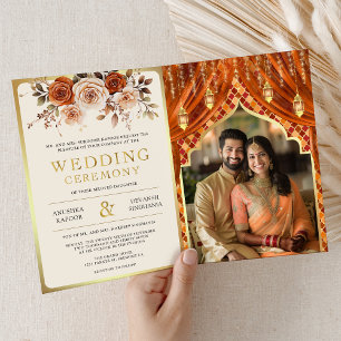 Convite Cortina Floral Laranja Queimada Casamento Indiano 