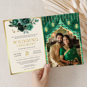 Convite Cortina Floral Ouro Esmeralda Casamento Hindu Indi