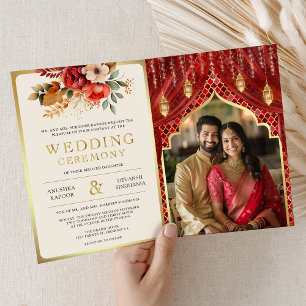 Convite Cortina Floral Ouro Vermelho Casamento Hindu India