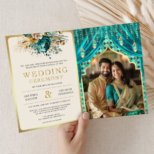 Convite Cortina Floral Teal Dourada Casamento Hindu Indian