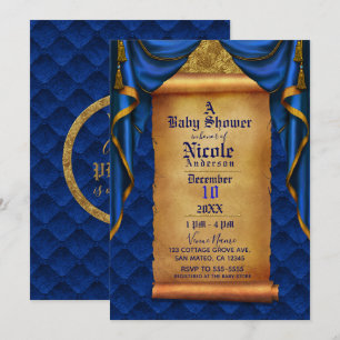 Convite Cortinas Azul Royal e Dourado Rolagem Chá de Bebê