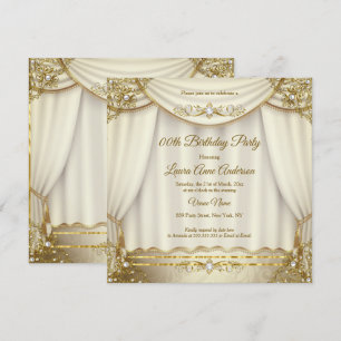 Convite Cortinas de Pérola Bege Creme Dourado Elegante de