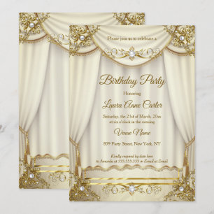 Convite Cortinas de Pérola Bege Creme Dourado Elegante par