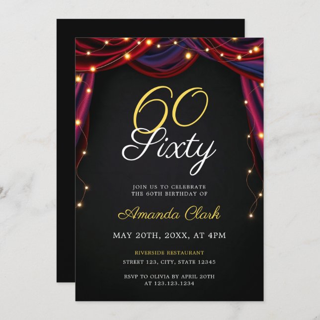 Convite Cortinas Vermelhas Teatrais com Luzes 60º Aniversá (Frente/Verso)
