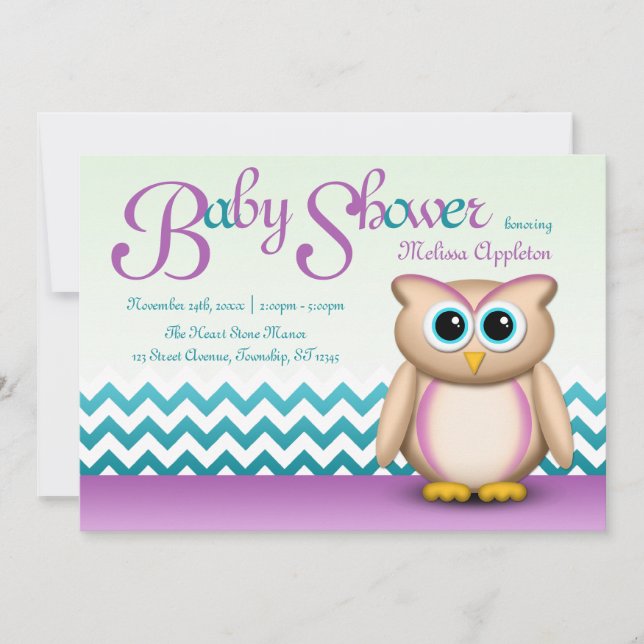 Convite Coruja bonito - roxo & chá de fraldas de Chevron (Frente)
