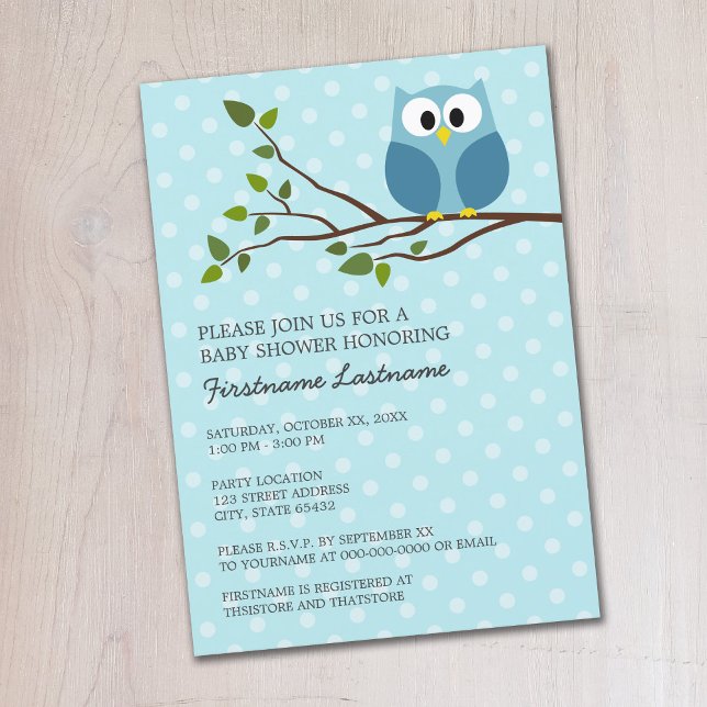Convite Coruja-branca no Chá de Bebê Azul-Branqueado (Cute Woodland Owl Baby Shower Invitation - Pastel Blue Polka Dots)