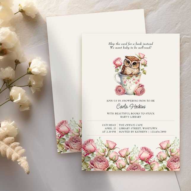 Convite Coruja e Rosas para Chá de fraldas (Baby Shower invitation asking for books ideal for book lovers, office baby showers, baby sprinkles
)