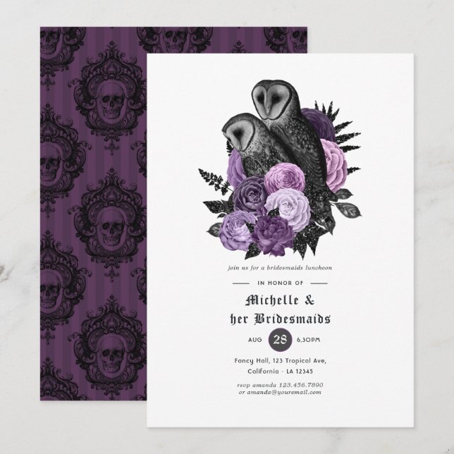 Convite Coruja Floral Roxa Bridesmaids (Frente/Verso)
