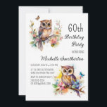 Convite Coruja Flores Borboletas 60º Aniversário<br><div class="desc">60º convite de aniversário com pinturas de uma coruja fofa sentada entre flores nos ramos de uma árvore. Entre em contato comigo para obter assistência com suas personalizações ou para solicitar outros produtos Zazzle correspondentes ou coordenadores para sua celebração.</div>