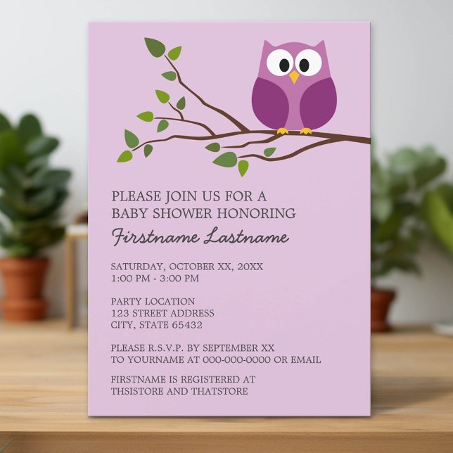 Convite Coruja Roxa no Chá de Branch Baby Girl (Custom Invitation with Download Option)