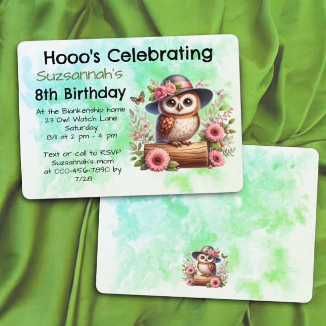 Convite Coruja Usando Chapéu Fofo Sentada Em Um Tronco (front and back ol template birthday invitation)
