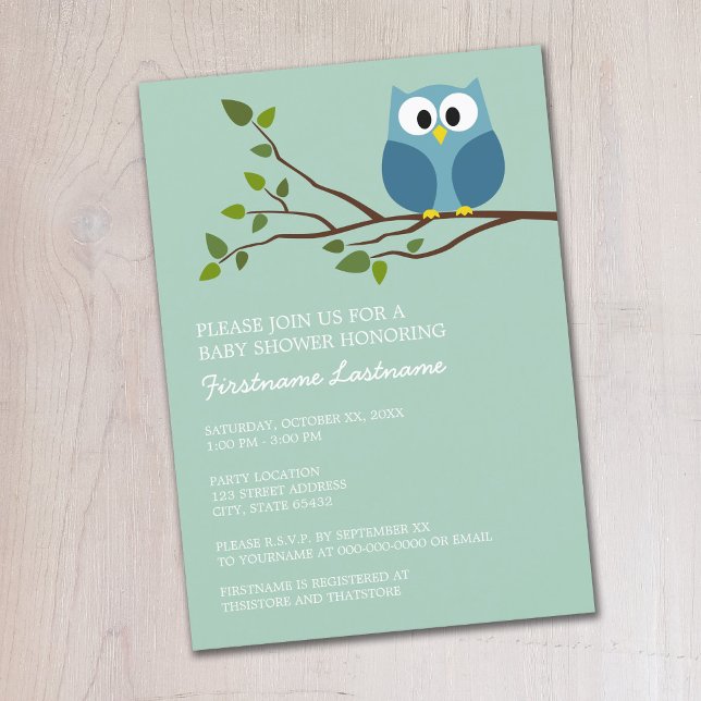 Convite Coruja Verde-Mint no Chá do Garoto-Bebê (Cute Woodland Owl Baby Shower Invitation - Mint Green and Blue Owl)