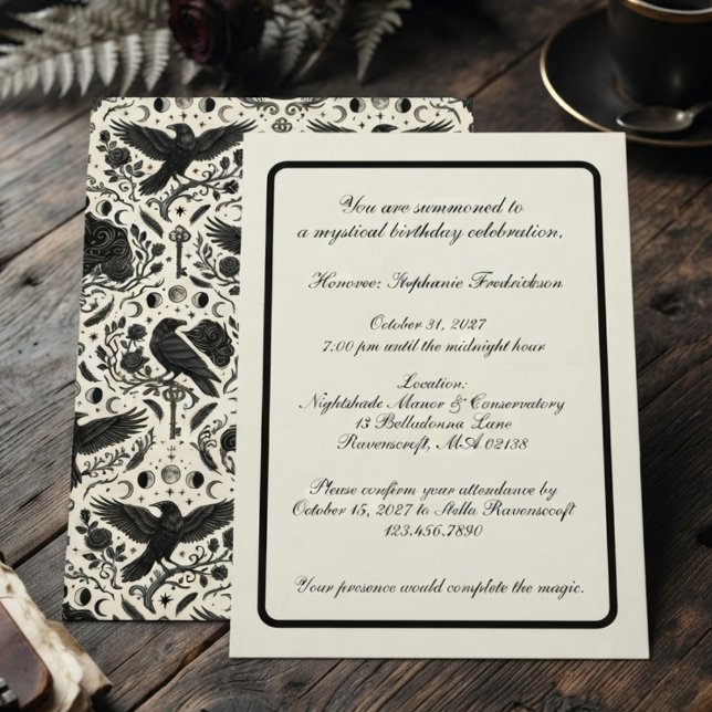 Convite Corvo Barroco Ônix Gótico Mal-humorado (Gothic raven invitation for adults celebrating a dark academia birthday.)