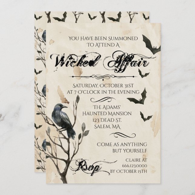 Convite Corvo da aguarela & partido do Dia das Bruxas dos (Frente/Verso)