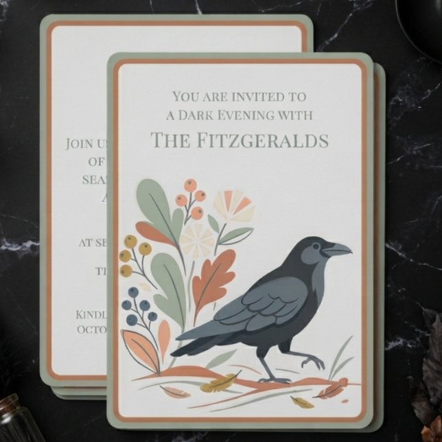 Convite Corvo da Arte Popular Sage da Academia Sombria (Sage invitation with folk art raven for hosts during Halloween party celebrations.)