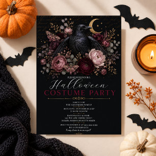 Convite Corvo Floral Elegante de Halloween Gótico Romântic