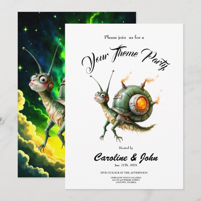 Convite Cosmic Steampunk Snailbird – Criatura de Sonho Neo (Frente/Verso)