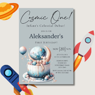 Convite Cósmico Um! Aquarela Celestial Aniversário de 1º a