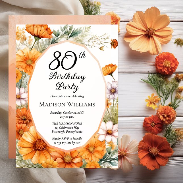 Convite Cosmos | Marigolds Floral 80th Birthday Party (Beautiful Boho Cosmos and Marigolds Floral 80th Birthday Party Invitation - Print | Digital Download)