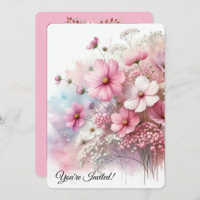 Convite Cosmos Rosa festa de aniversário (Frente/Verso)