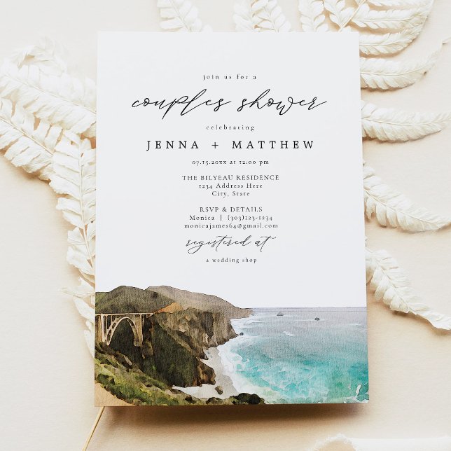 Convite Costa de BIG SUR Califórnia Casal Chuveiro (Watercolor Big Sur California Coastline Wedding Couples Shower Invitation)