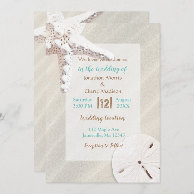 Convite Costeira Sandy Shore Starfish e Sand Dollar Beach (Frente/Verso)