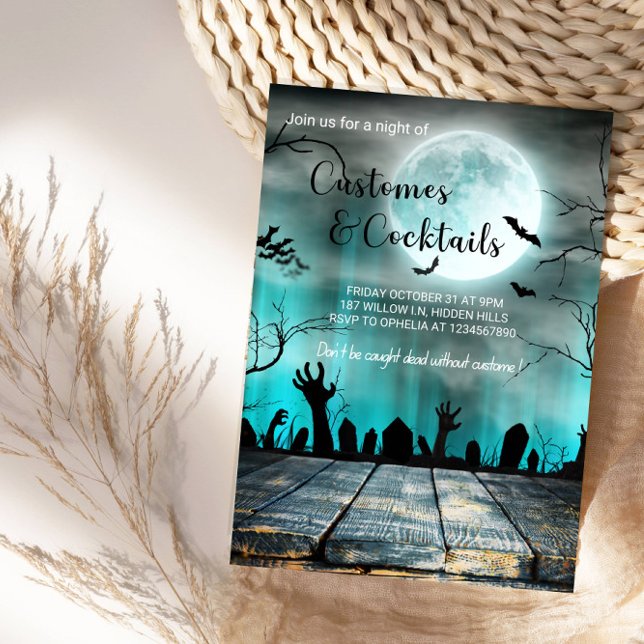 Convite Costumes e Cocktails Árvores e Morcegos de Hallowe (Criador carregado)