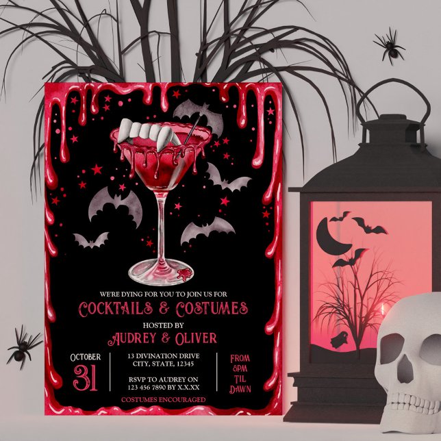 Convite Costumes e Cocktails Vampiro Martini no Halloween (Costumes and Cocktails Halloween Vampire Martini Invitation)