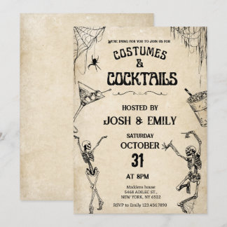Convite Costumes e Coctails Esqueletos de Vintage Hallowee