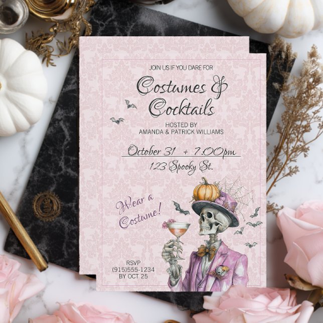 Convite Costumes Elegantes Coquetéis Adultos Halloween (Elegant Costumes and Cocktails Halloween Party Invite)
